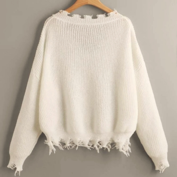 Streetwear Society Women's White Frayed Ribbed Knit Sweater - Picture 3 of 16